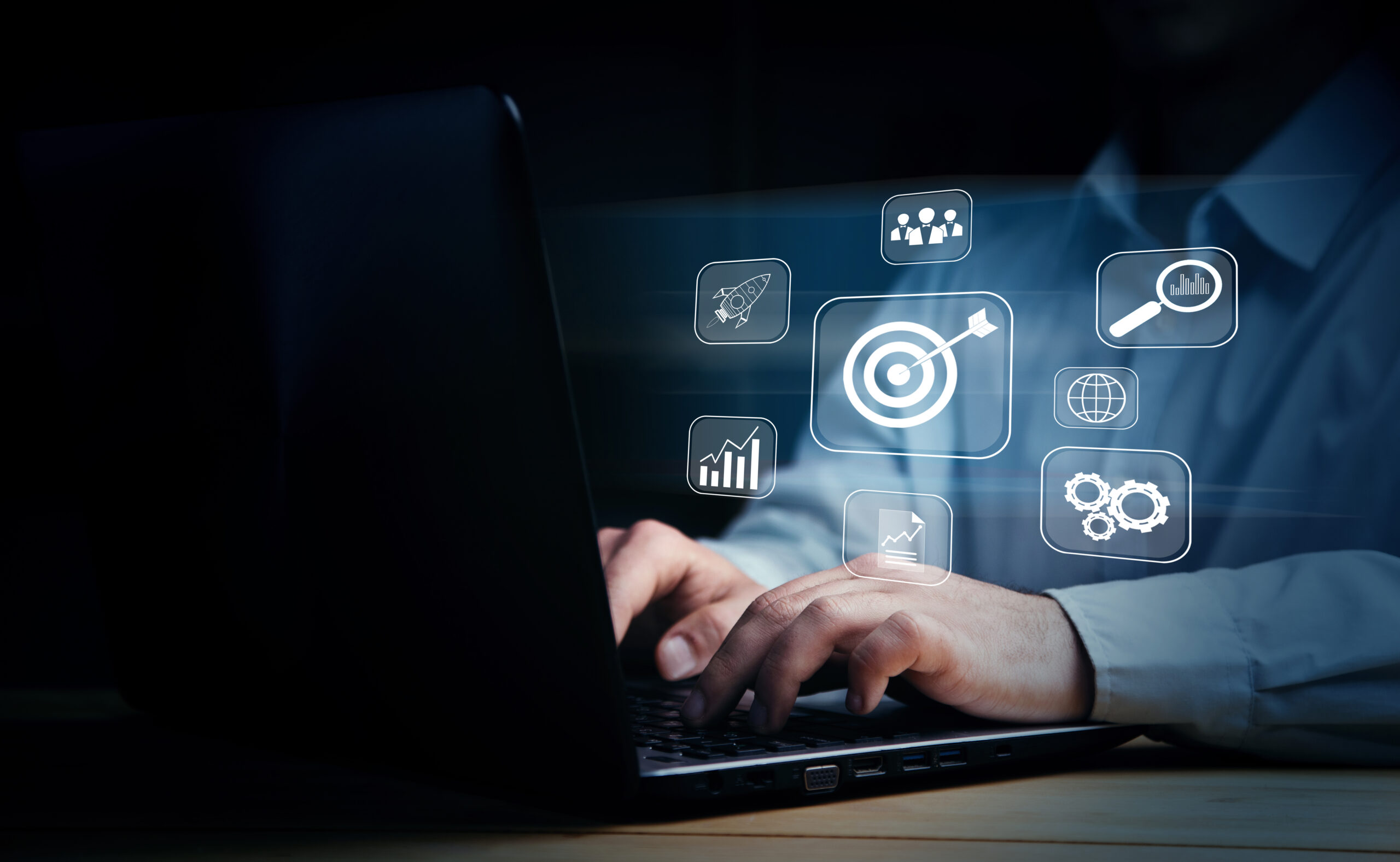targeting business concept target with digital marketing icons virtual screen internet network connection business goal scaled